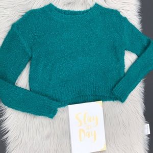 Teal Fuzzy Crop Top Sweater